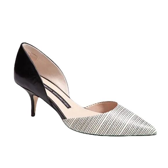 FRENCH CONNECTION Effie Pointy Toe Kitten Heel Pumps Striped Black White 35.5 - Picture 1 of 10